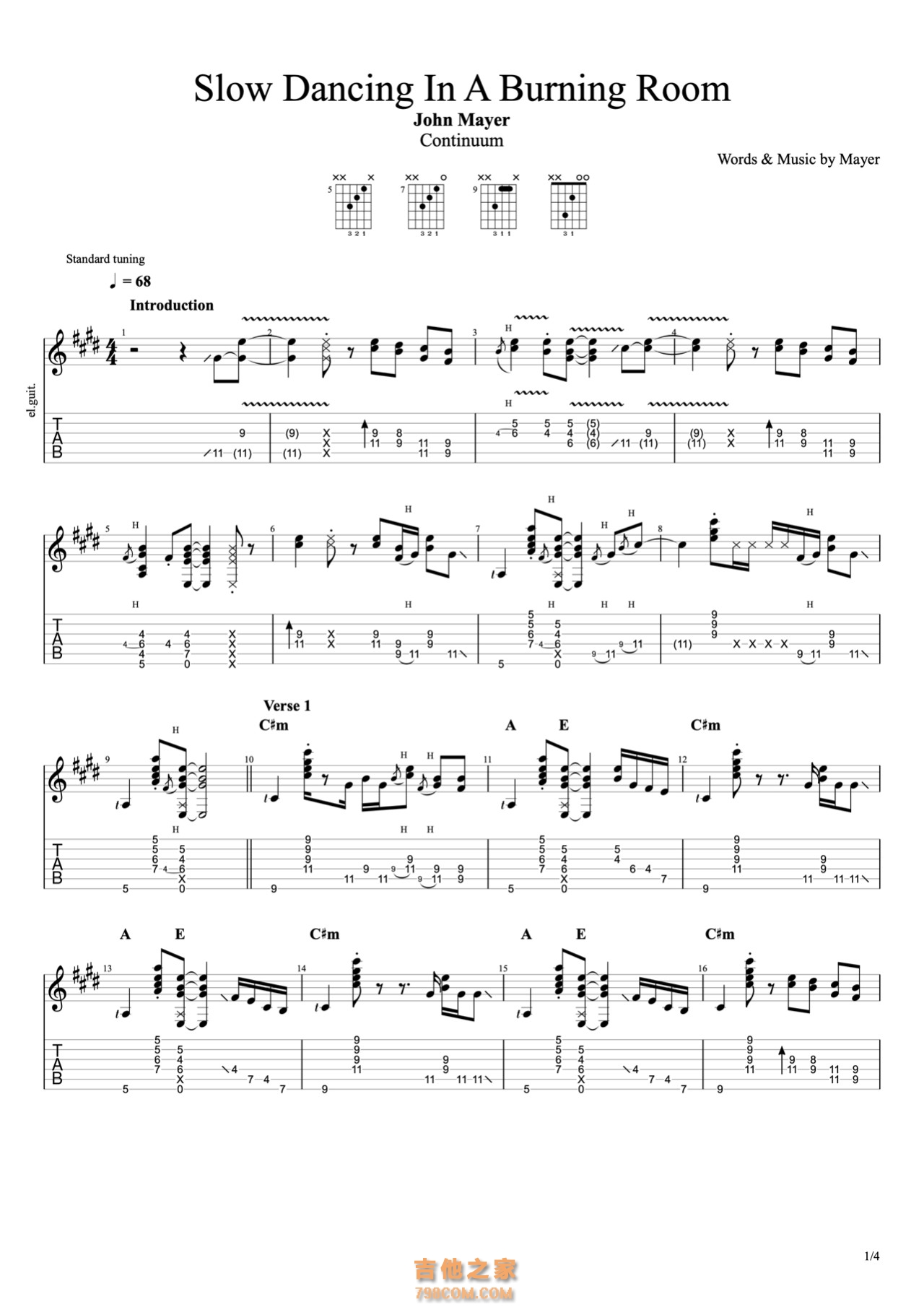 John Mayer《Slow dancing in a burning room》指弹吉他谱