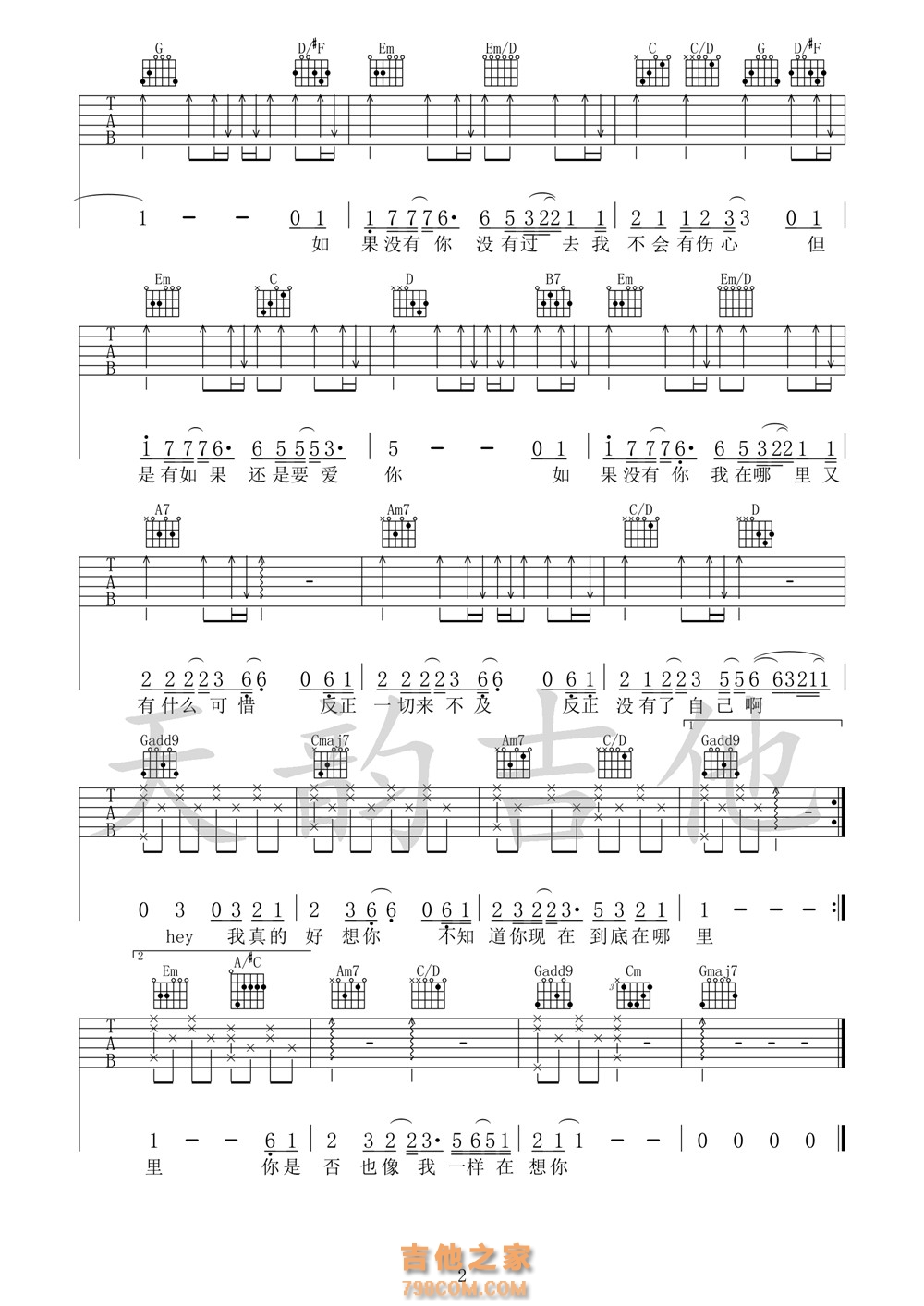 如果没有你吉他谱 莫文蔚