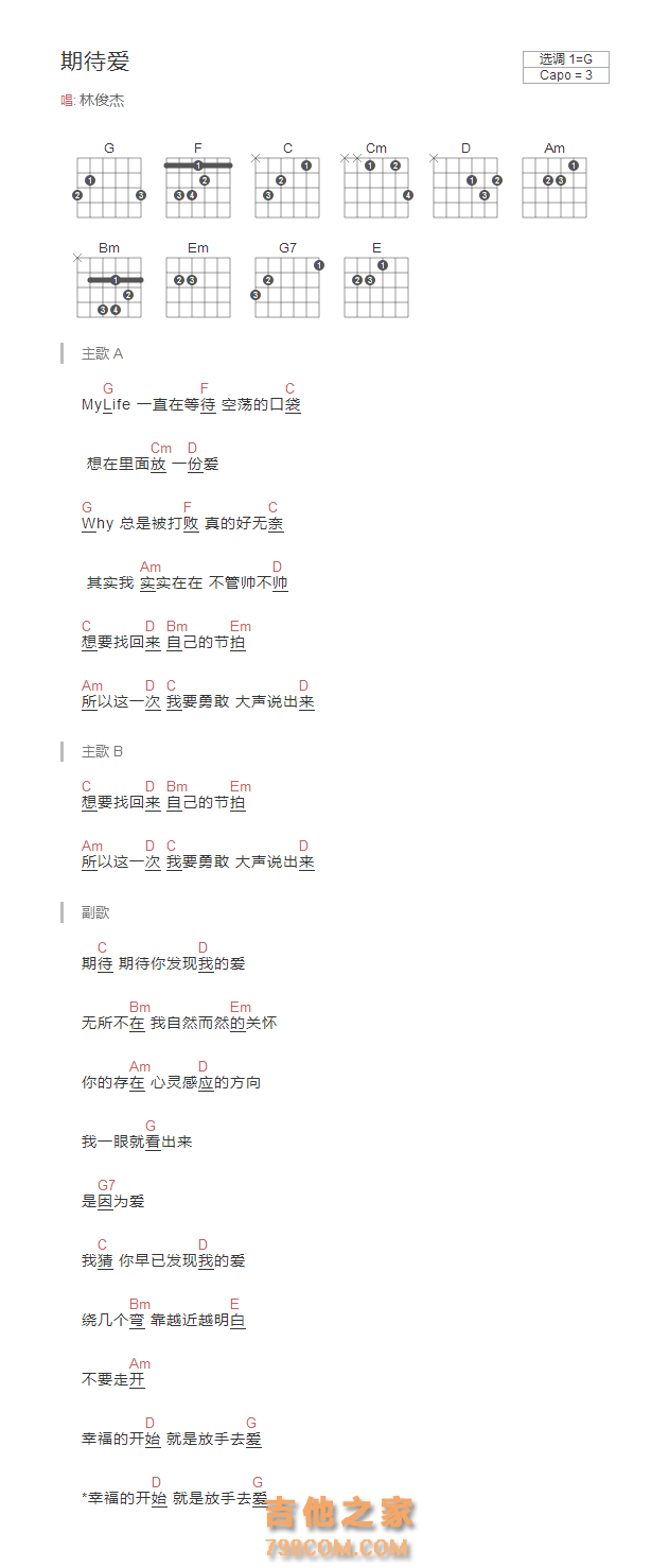 期待爱吉他谱G调和弦版