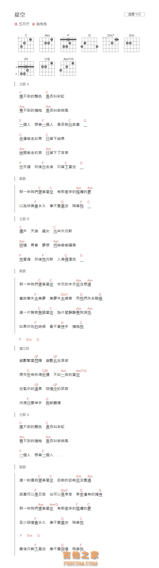 星空吉他谱C调和弦版 五月天