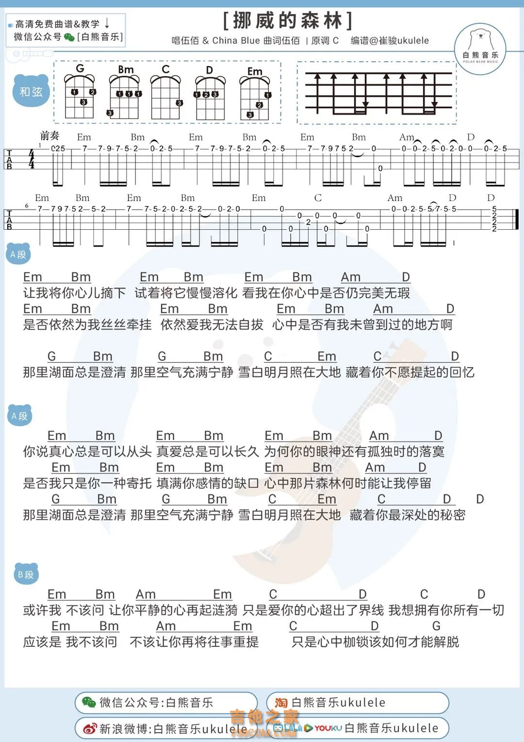 挪威的森林尤克里里弹唱谱 伍佰