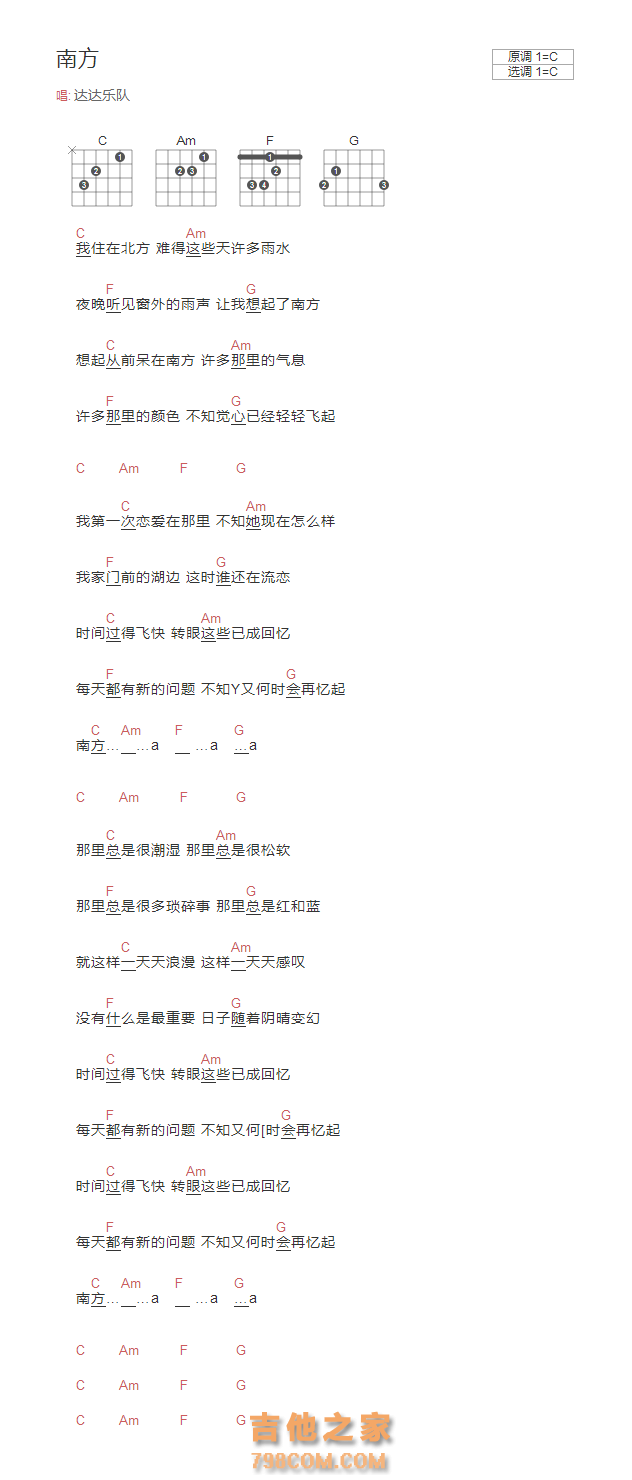 南方吉他谱C调和弦版 达达乐队