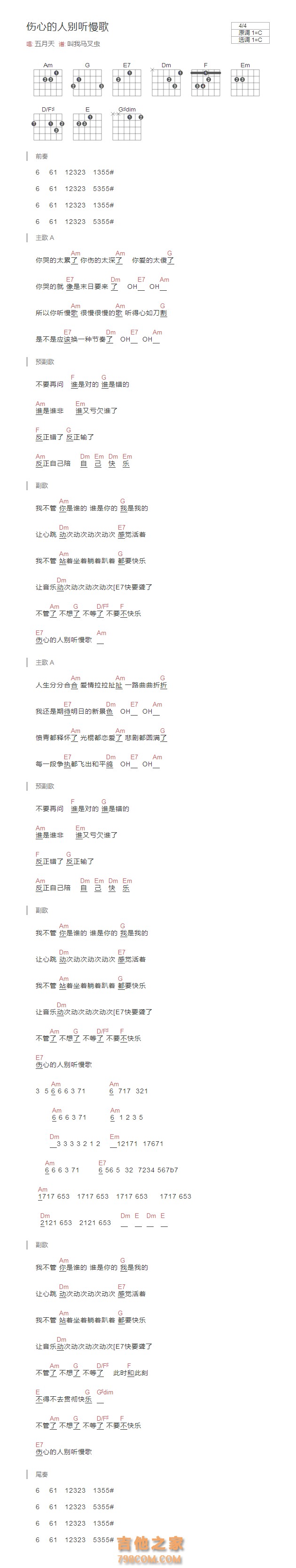 伤心的人别听慢歌吉他谱C调和弦版 五月天