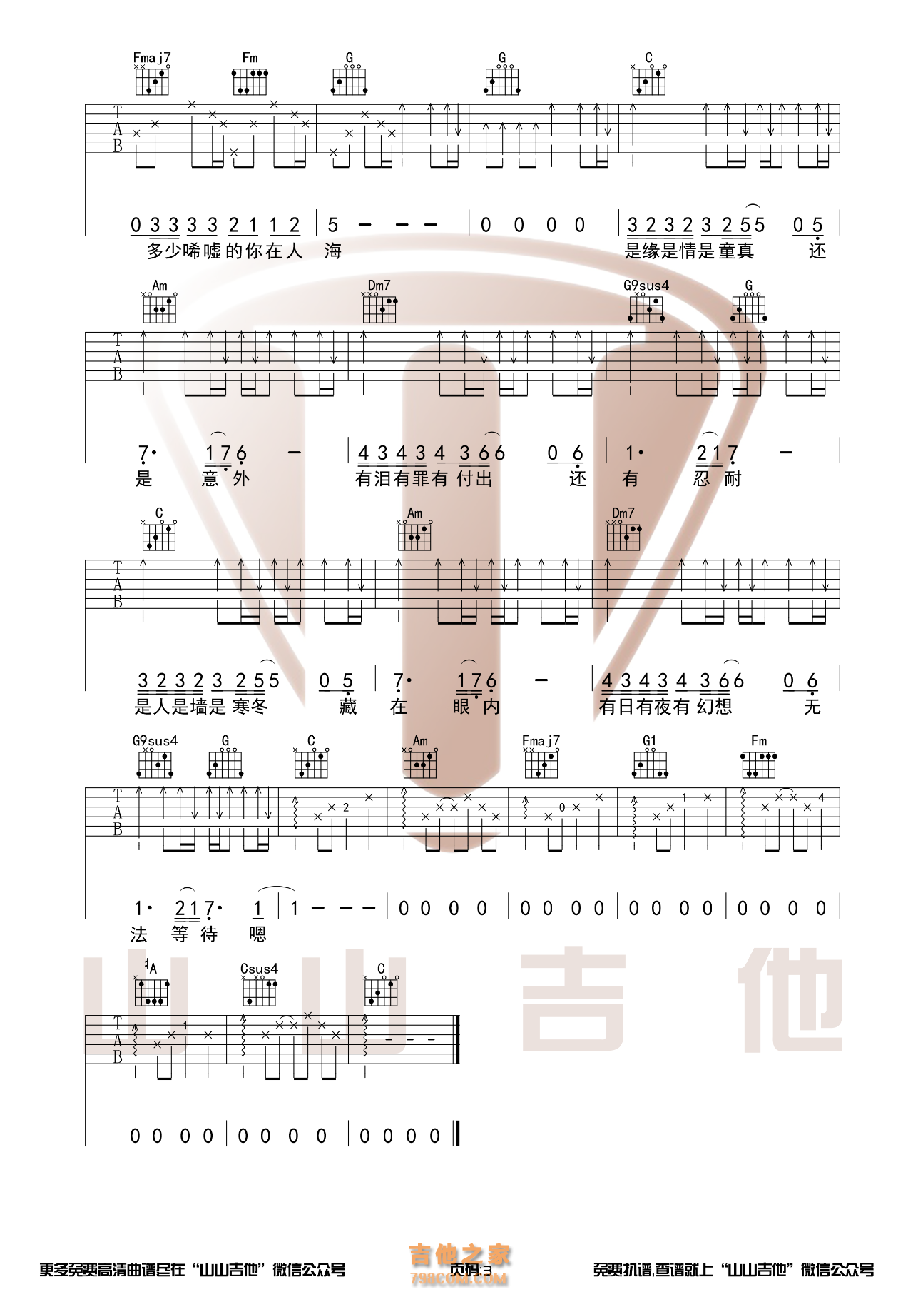 Beyond《情人》C调吉他谱