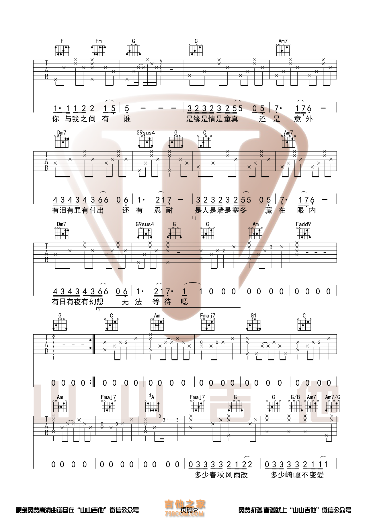 Beyond《情人》C调吉他谱