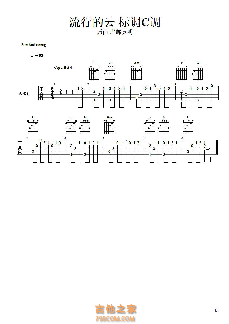 流行的云吉他谱soloC调标调版 岸部真明