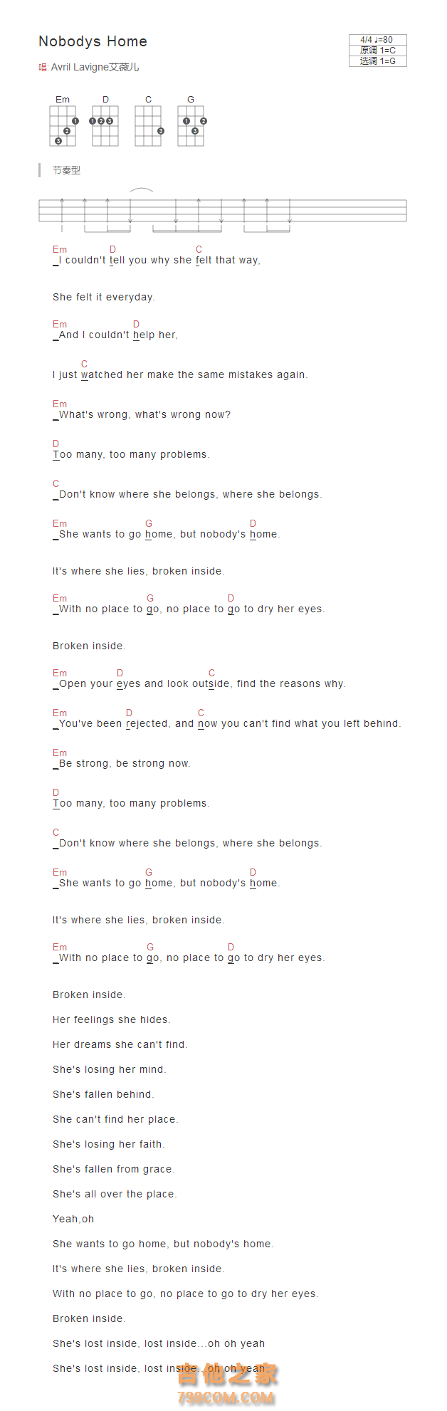 Nobodys Home尤克里里谱 Avril Lavigne艾薇儿