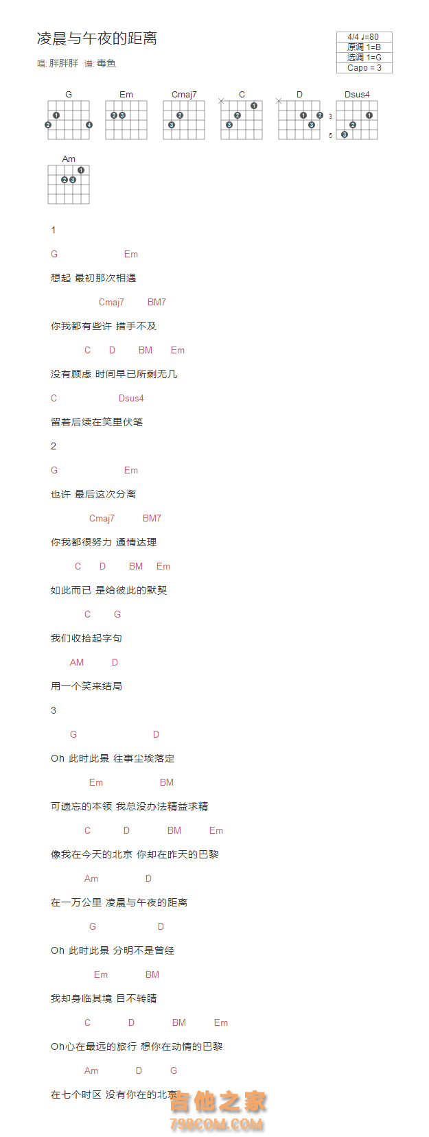 凌晨与午夜的距离吉他谱和弦版 胖胖胖