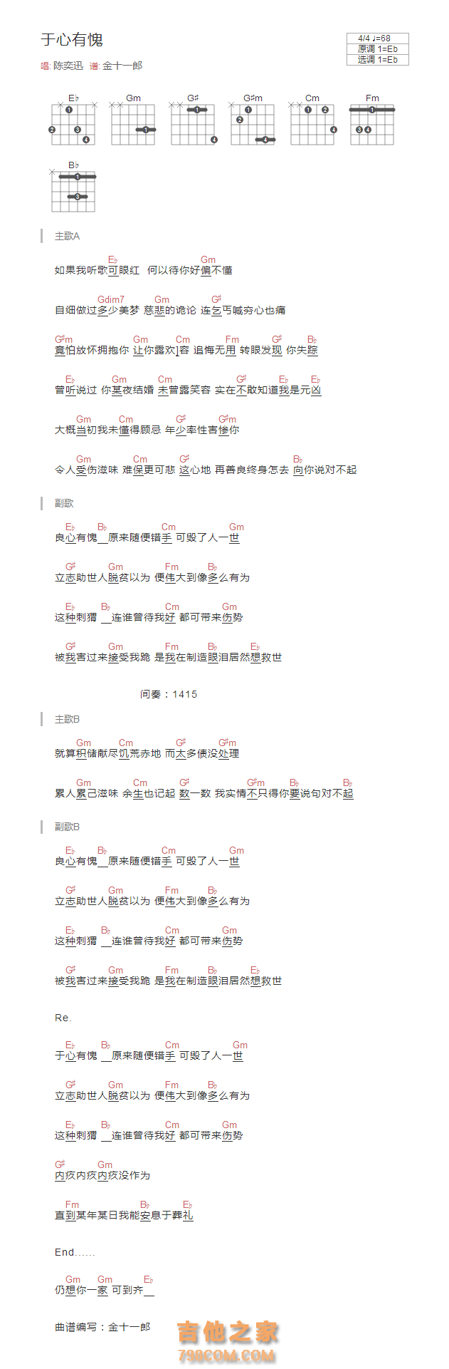 于心有愧吉他谱Eb调和弦版 陈奕迅