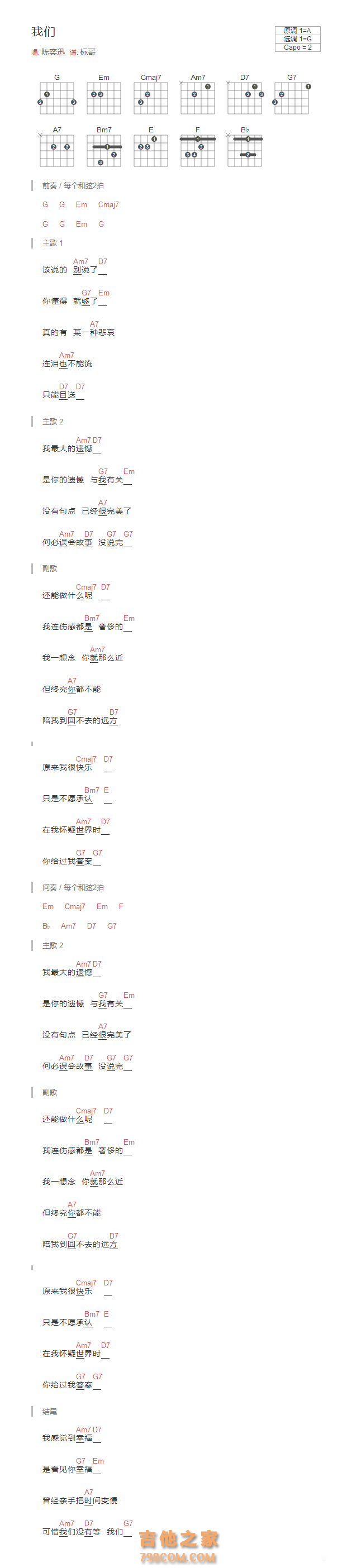 我们吉他谱和弦版 陈奕迅