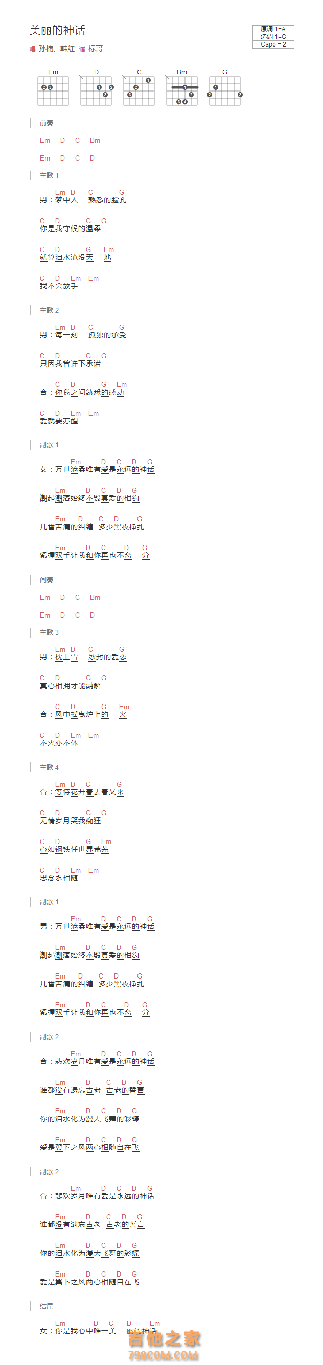 美丽的神话吉他谱和弦版 孙楠、韩红