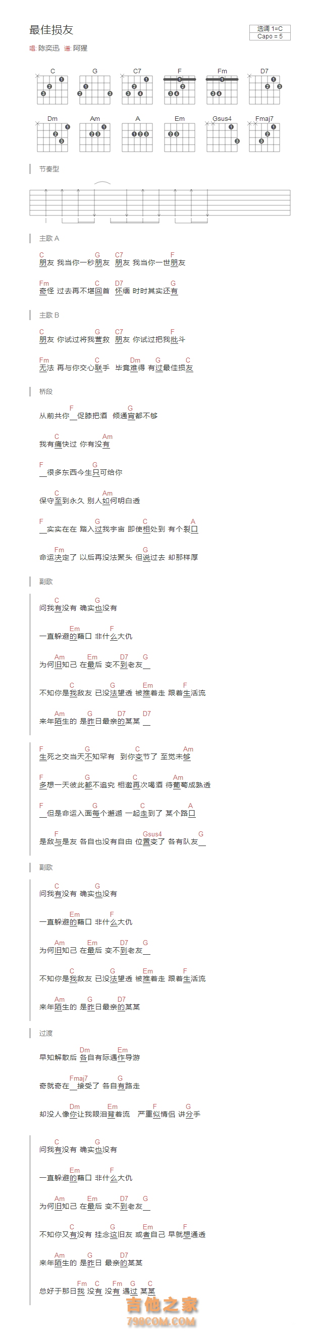 最佳损友吉他谱C调和弦版 陈奕迅