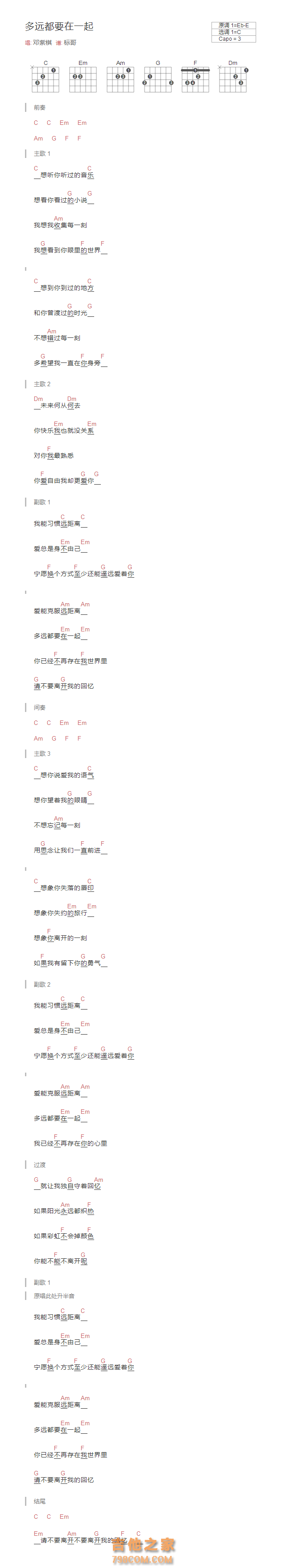 多远都要在一起吉他谱和弦版  邓紫棋