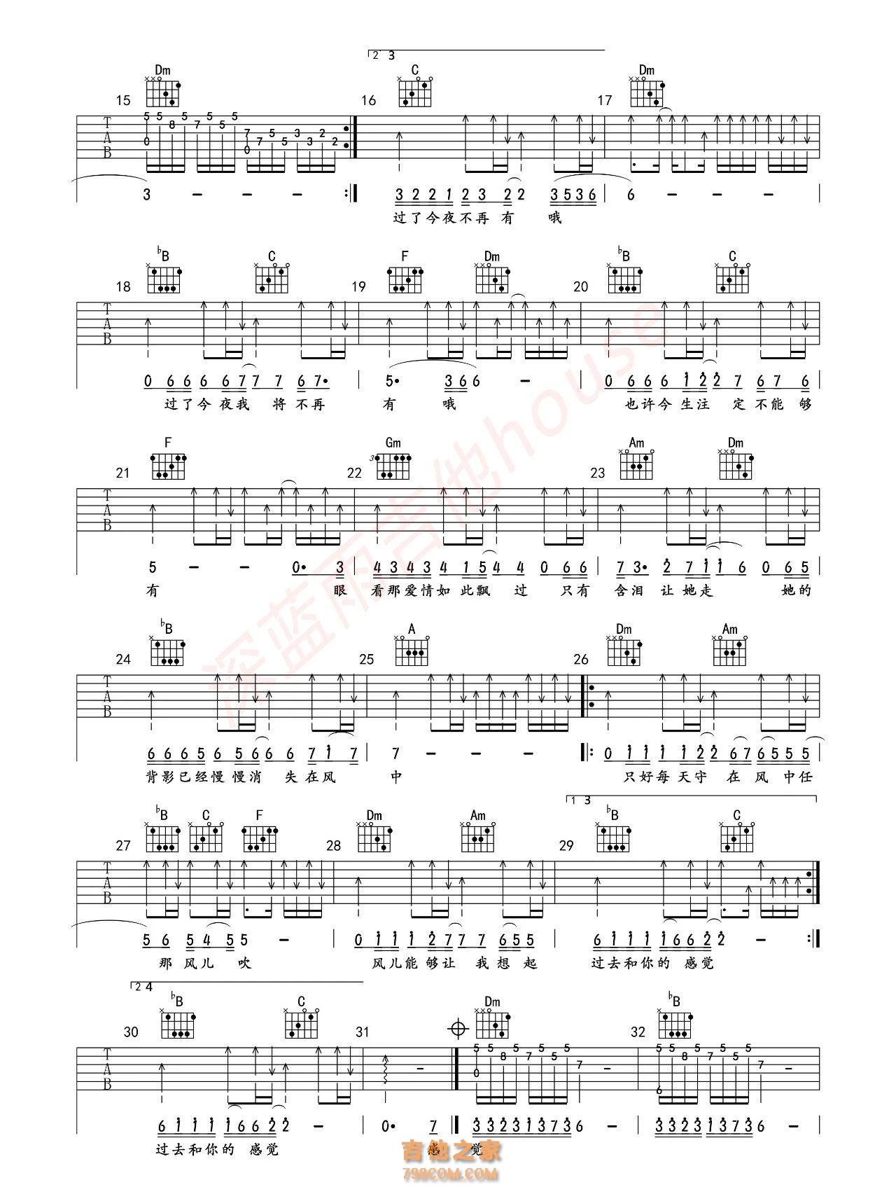 她的背影吉他谱 王杰