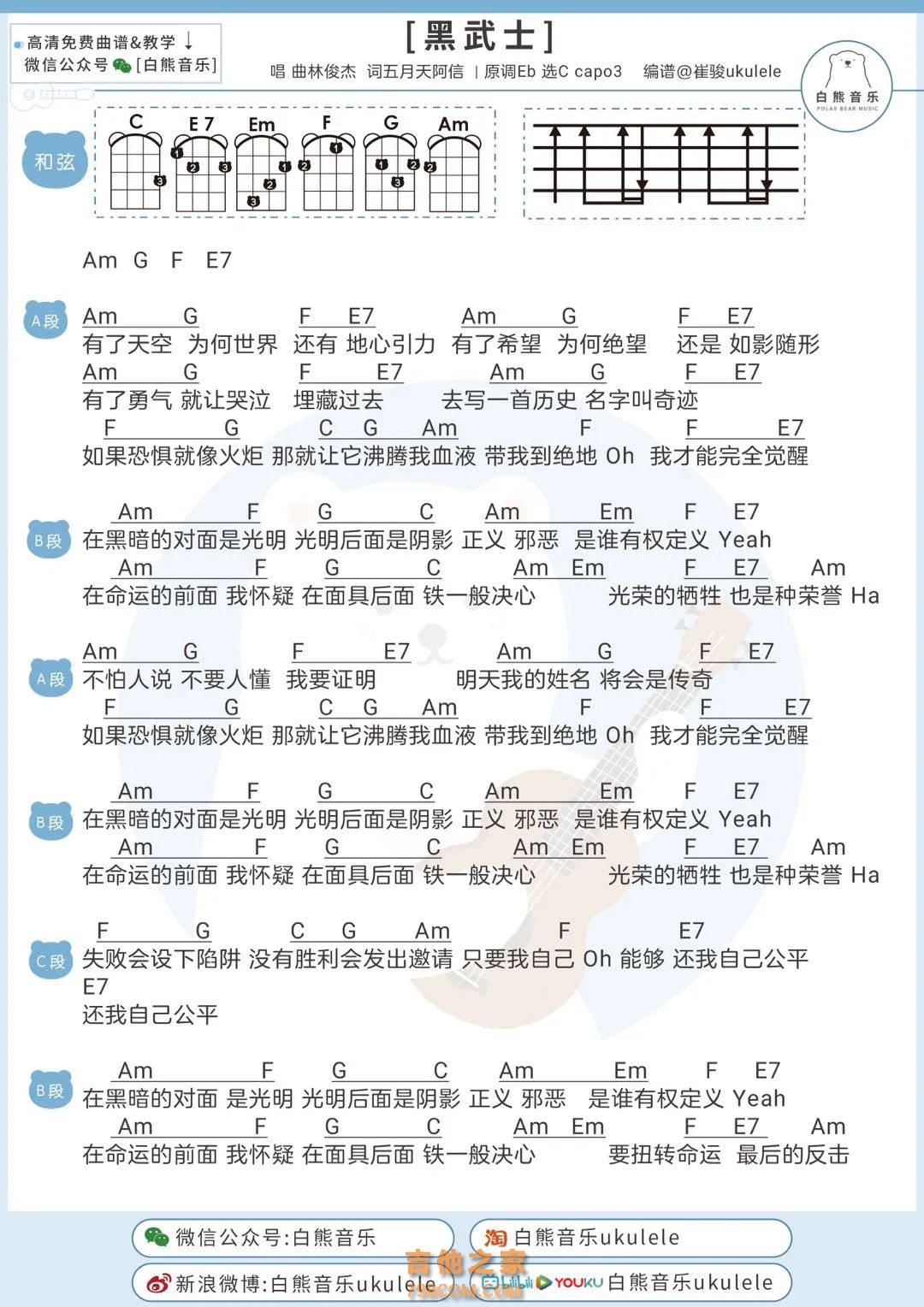 林俊杰《黑武士》尤克里里谱