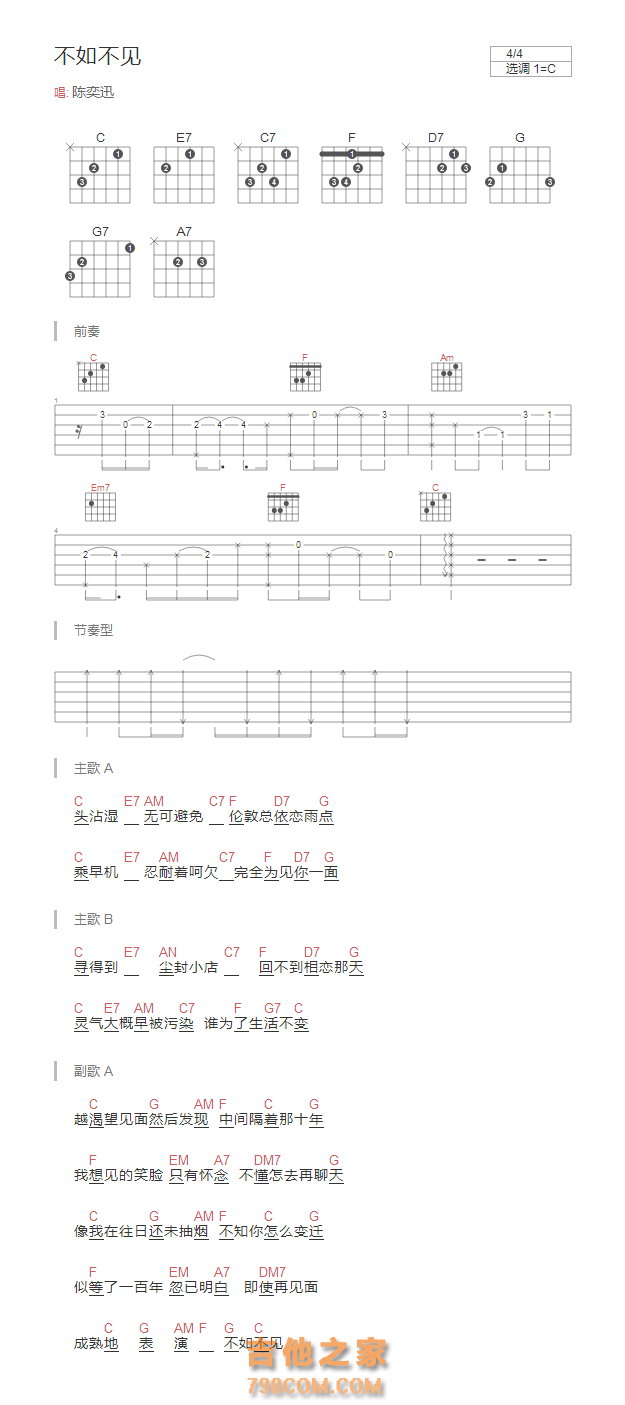 不如不见吉他谱C调和弦版 陈奕迅
