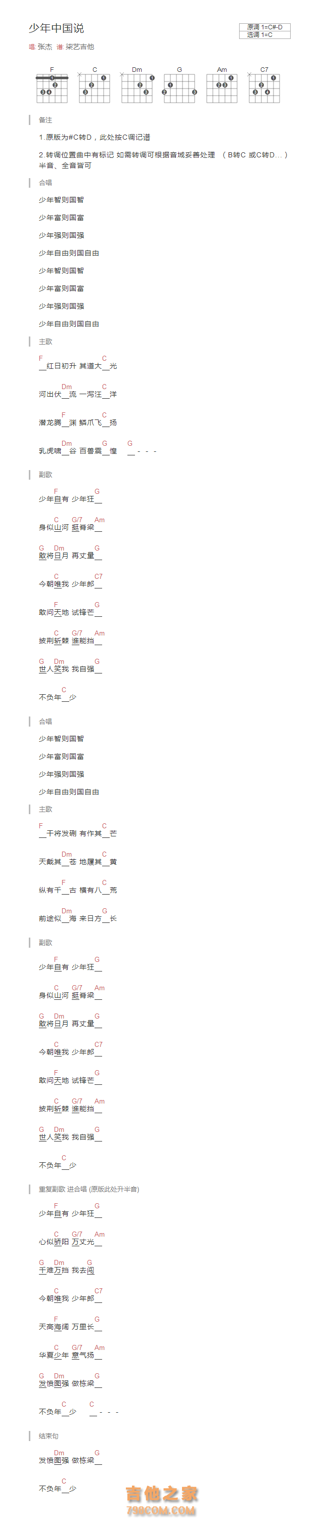 少年中国说吉他谱和弦版 张杰