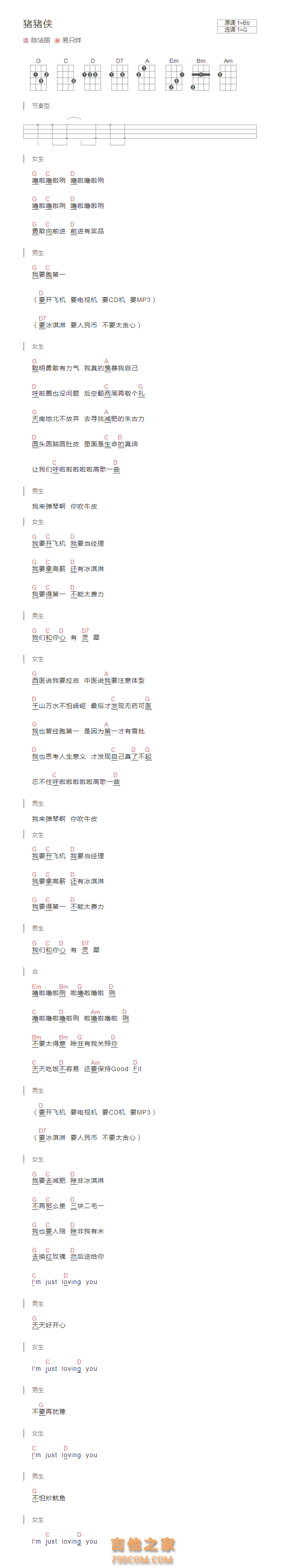 猪猪侠尤克里里谱和弦版 陈洁丽