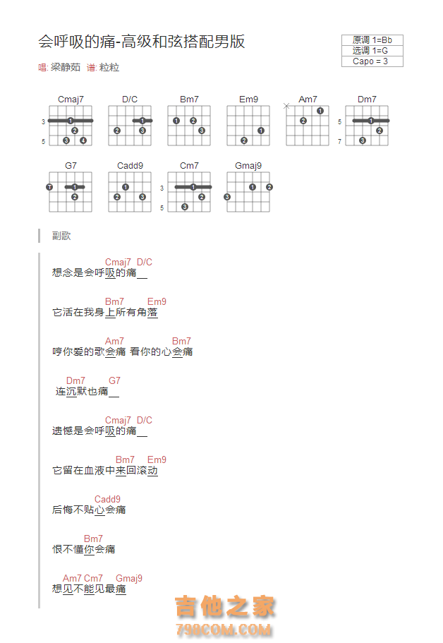 会呼吸的痛吉他谱高级和弦搭配男版 梁静茹