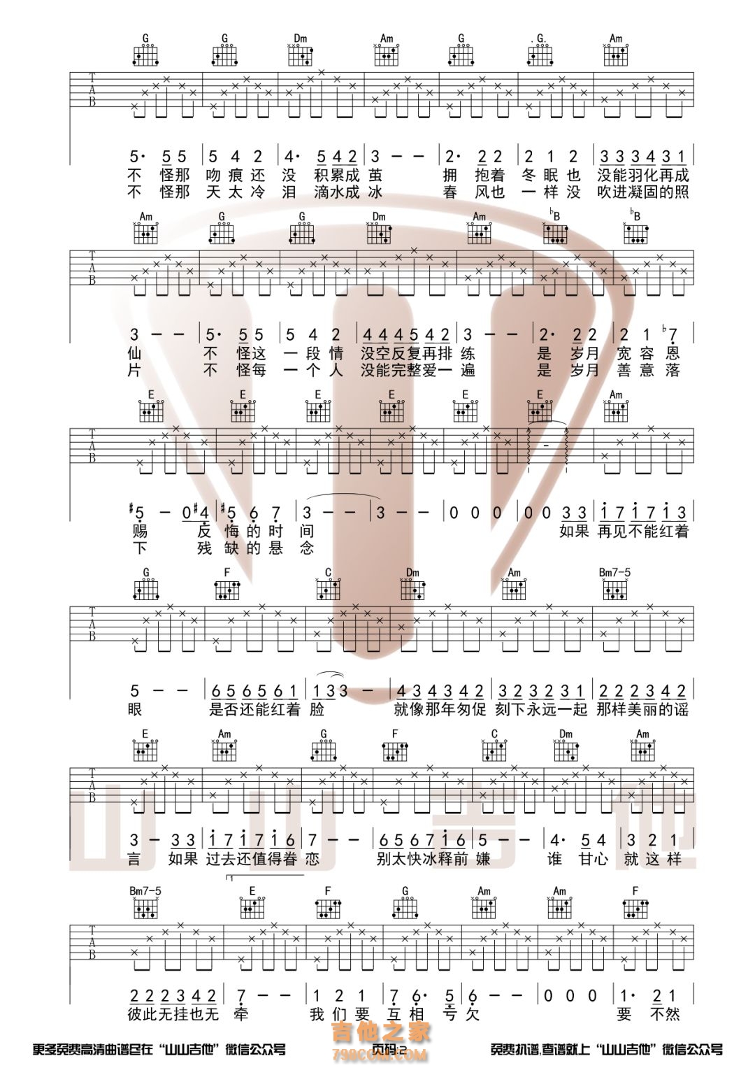 王菲《匆匆那年》C调吉他谱