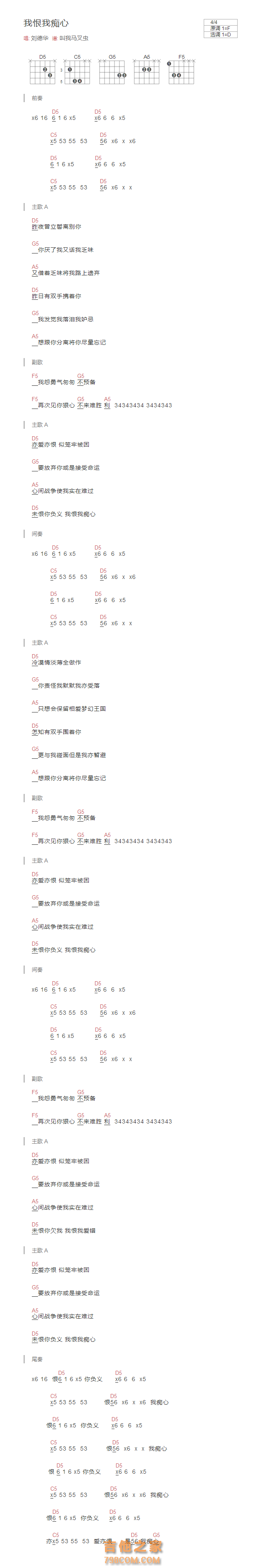 我恨我痴心吉他谱和弦版 刘德华