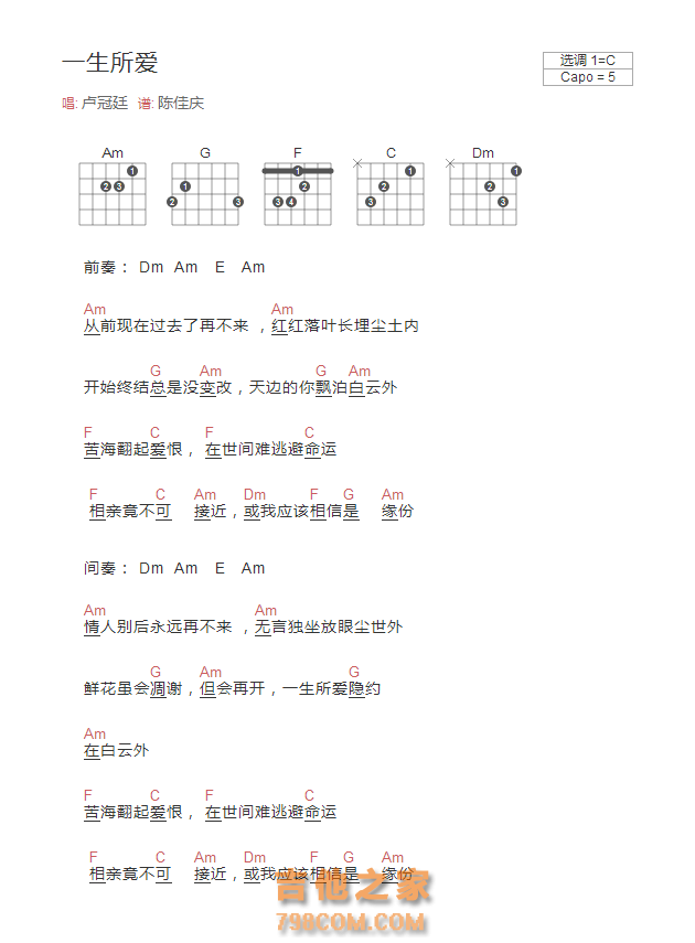 [男生版]一生所爱吉他谱C调和弦版 卢冠廷