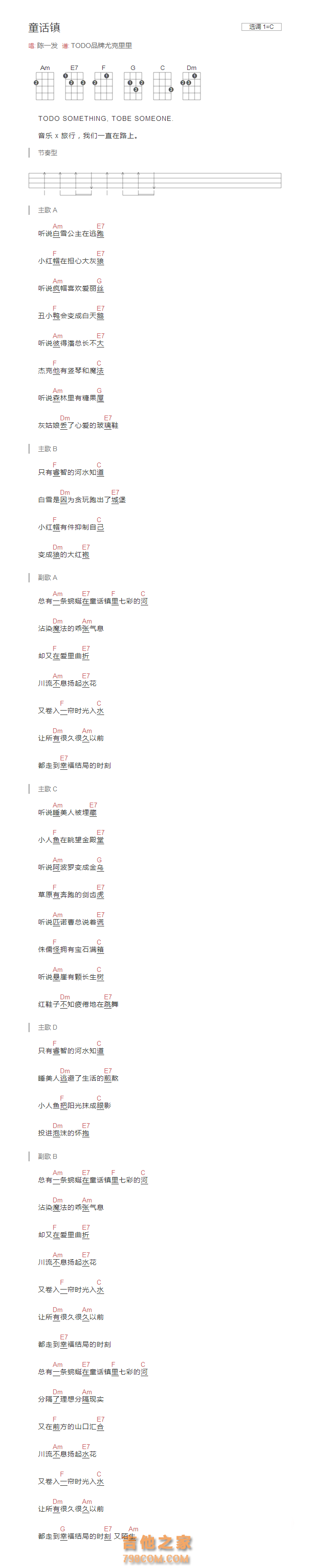 童话镇尤克里里谱C调和弦版 陈一发