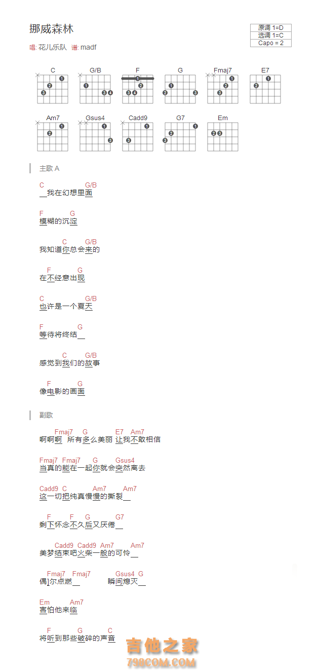 挪威森林吉他谱和弦版 花儿乐队