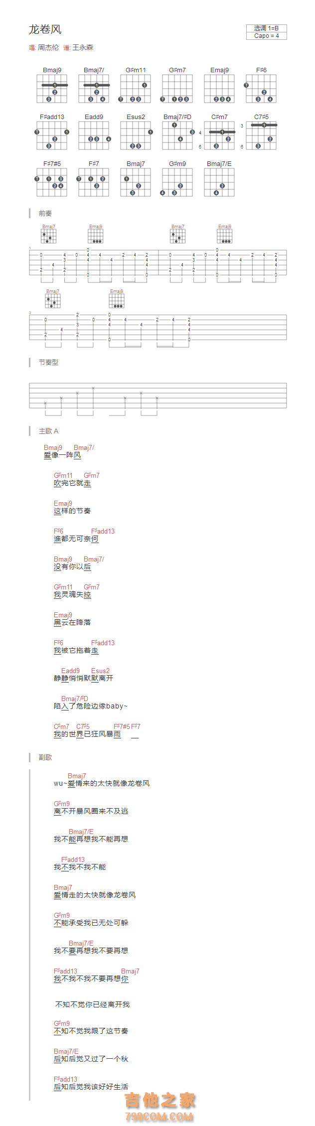 [R&B烂漫改版]龙卷风吉他谱B调和弦版 周杰伦