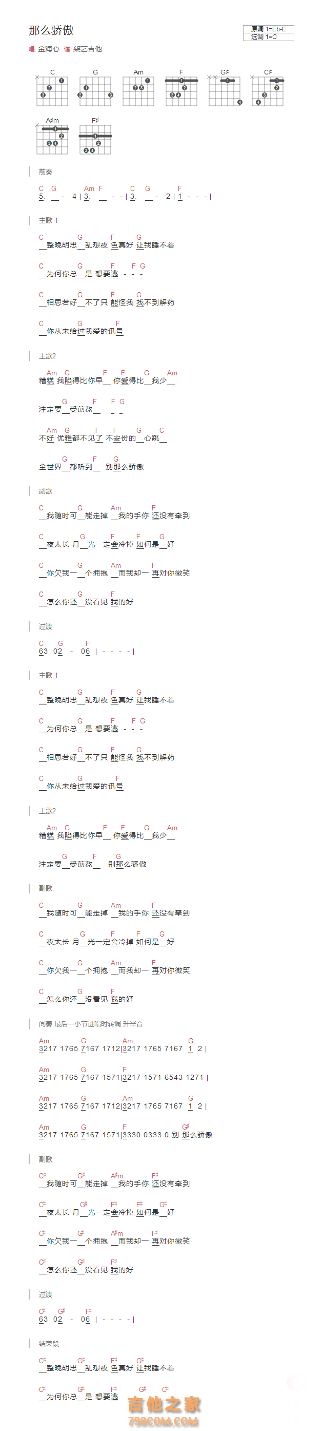 那么骄傲吉他谱和弦版 金海心