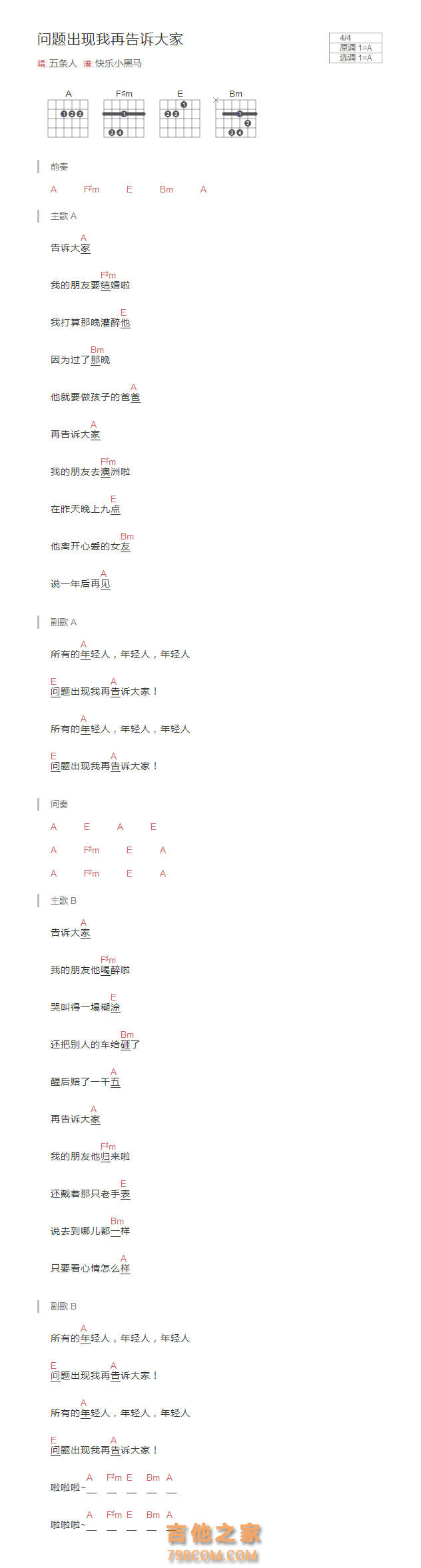 问题出现我再告诉大家吉他谱和弦版 五条人