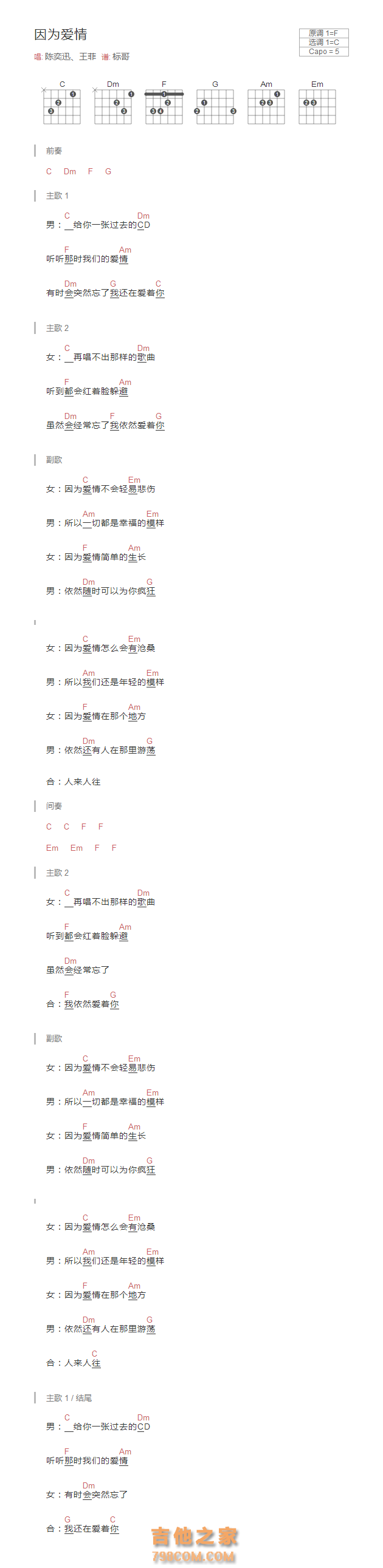 因为爱情吉他谱和弦版 陈奕迅、王菲