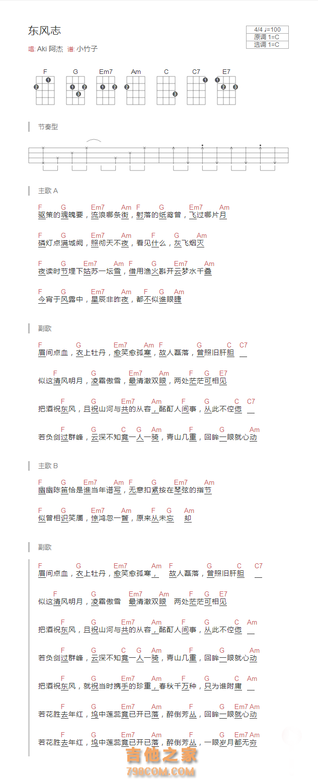东风志尤克里里谱 Aki 阿杰