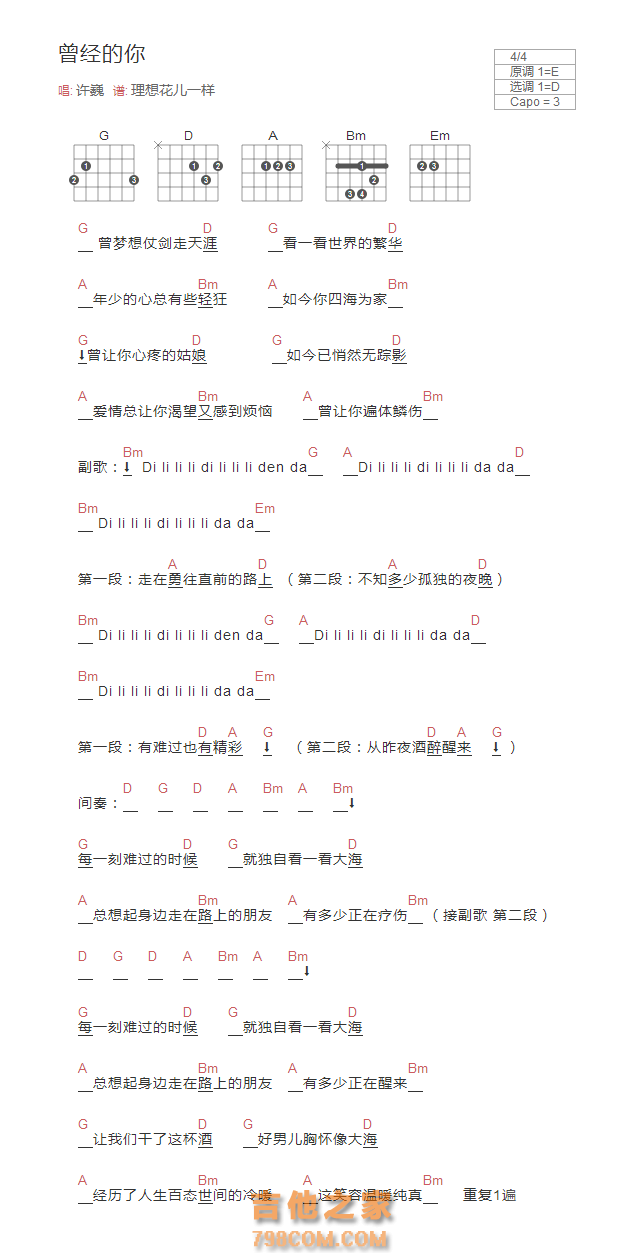 曾经的你吉他谱和弦版 许巍