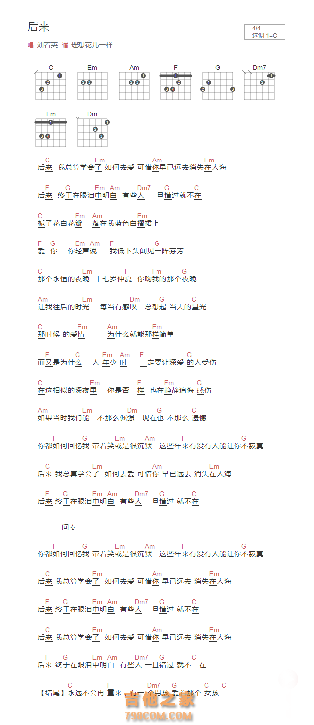 后来吉他谱(贝斯)和弦版 刘若英