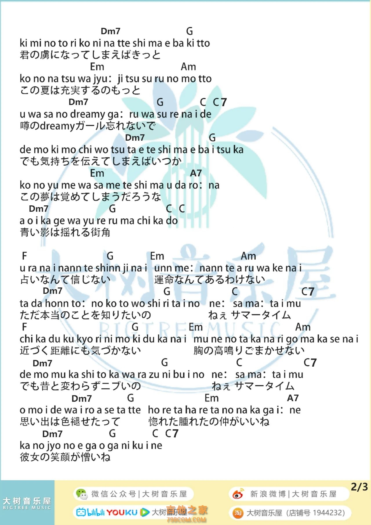 cinnamons/evening cinema《Summertime》吉他弹唱曲谱