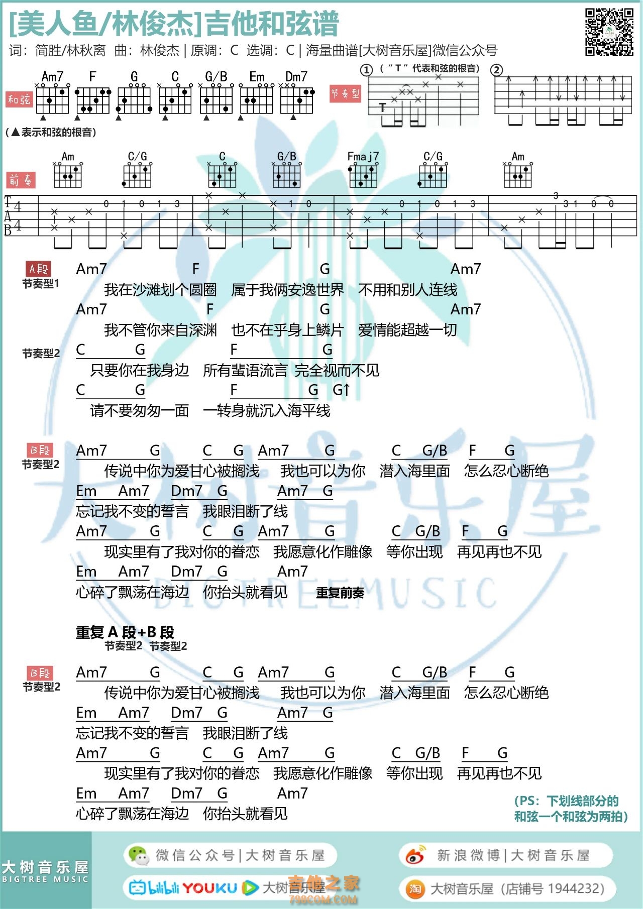 林俊杰《美人鱼》吉他谱和弦版