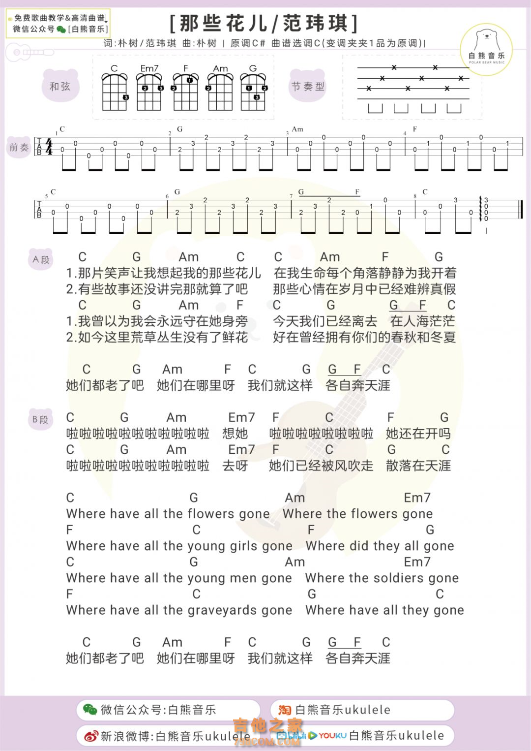 [女生版]范玮琪《那些花儿》尤克里里谱