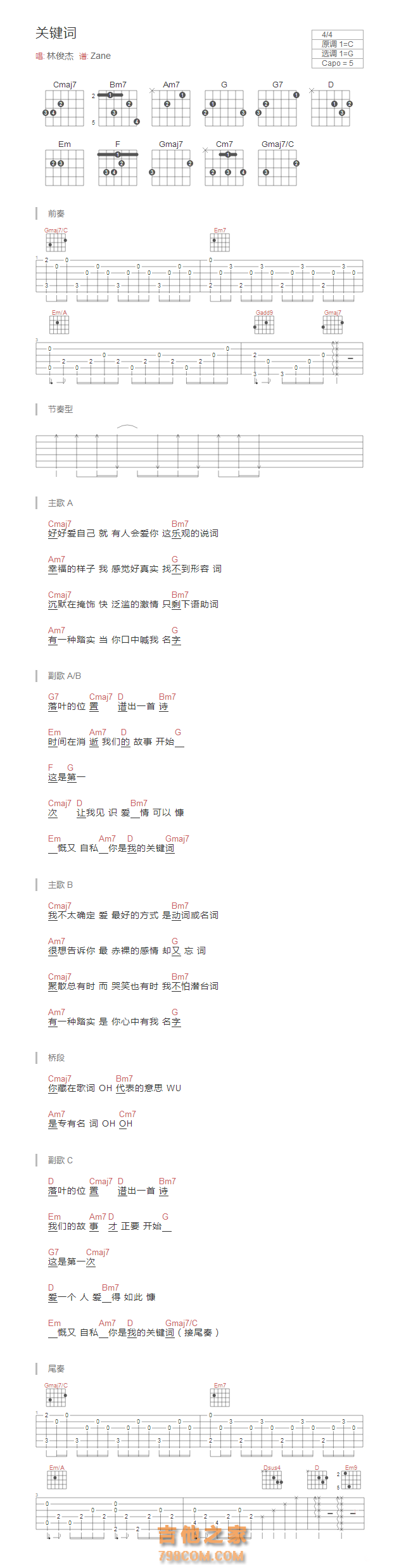 关键词吉他谱和弦版 林俊杰