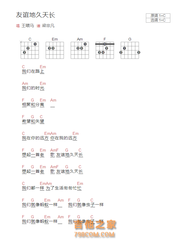友谊地久天长吉他谱C调和弦版 王喂马