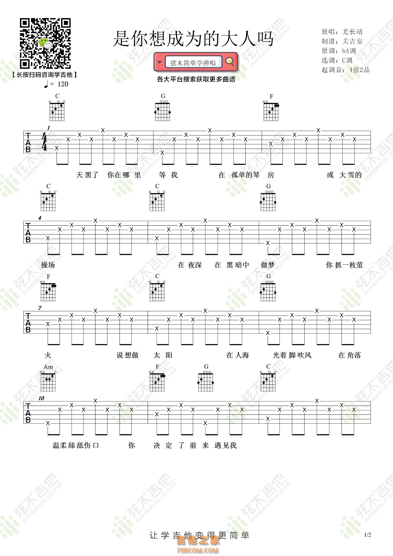 尤长靖《是你想成为的大人吗》吉他弹唱谱