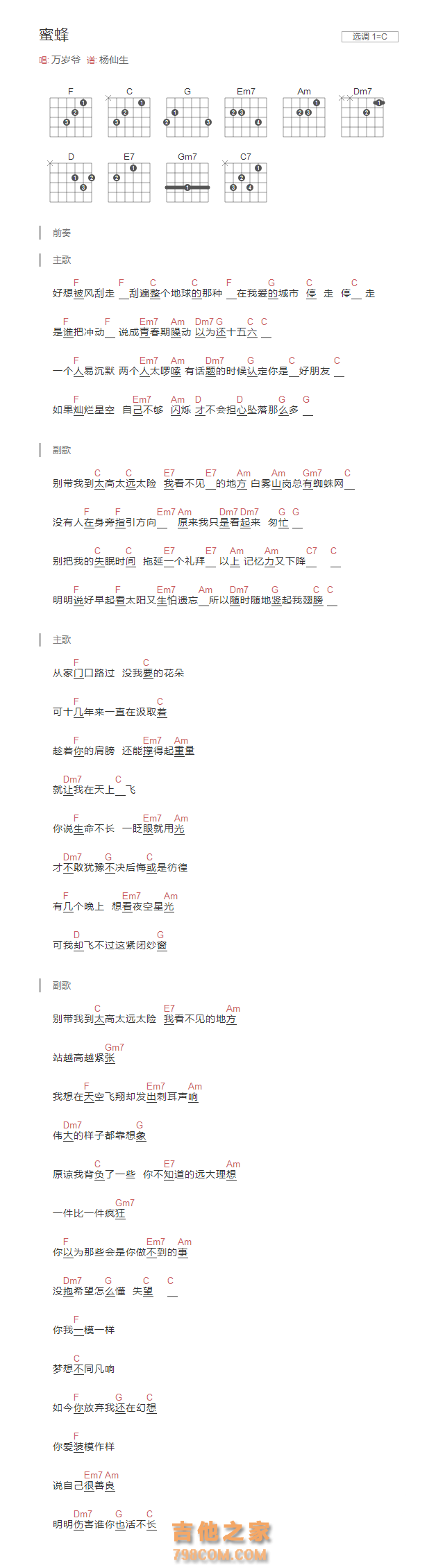 蜜蜂吉他谱C调和弦版 万岁爷