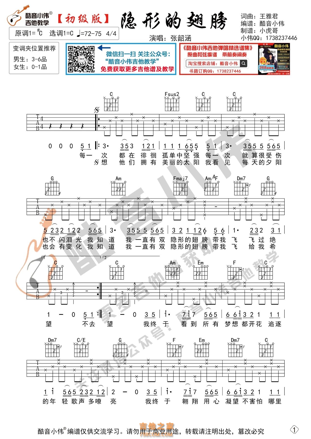 张韶涵《隐形的翅膀》吉他谱初级版