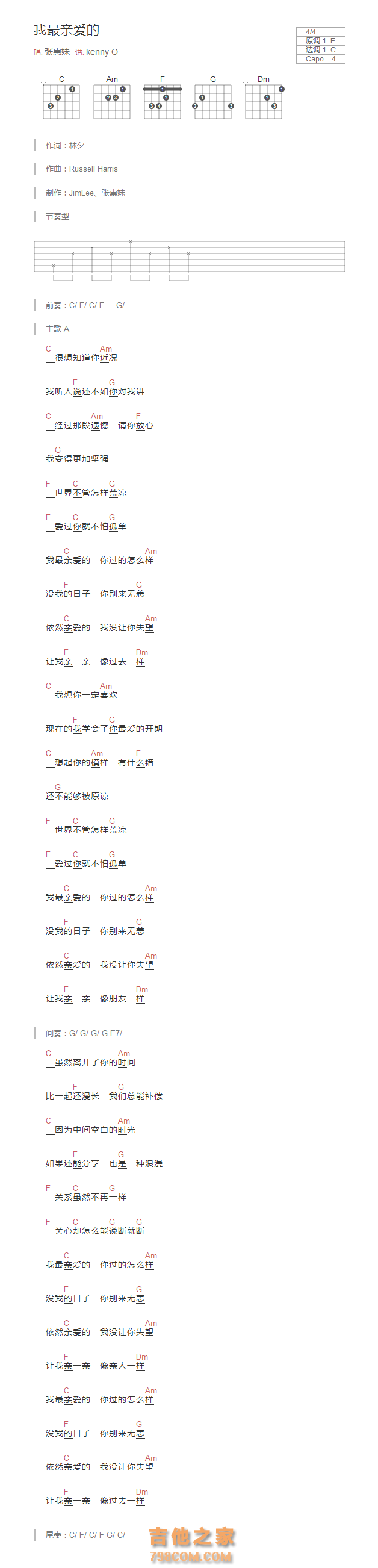 我最亲爱的吉他谱和弦版 张惠妹