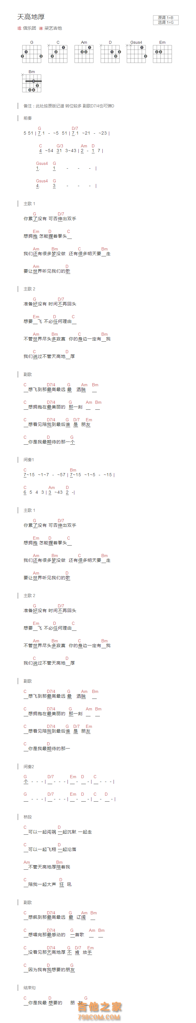 天高地厚吉他谱和弦版 信乐团