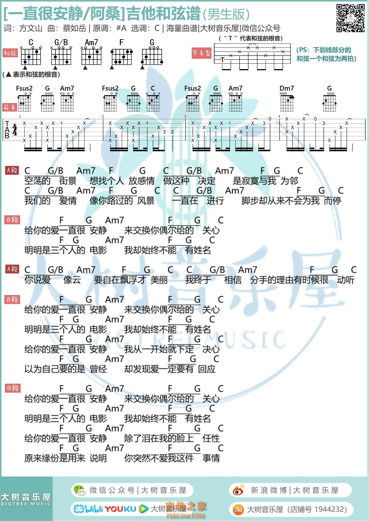 阿桑《一直很安静》吉他弹唱谱和弦版