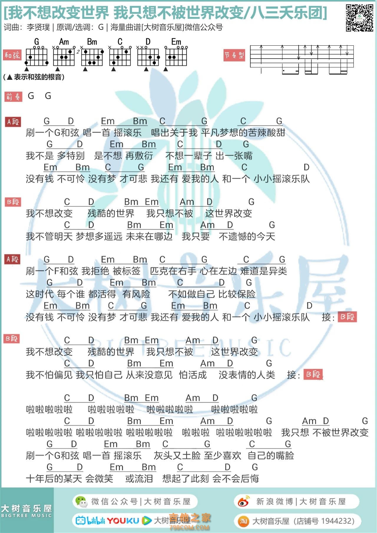 八三夭乐团《我不想改变世界 我只想不被世界改变》吉他弹唱曲谱