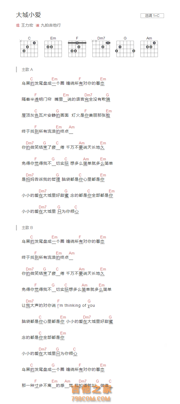 大城小爱吉他谱C调和弦版 王力宏