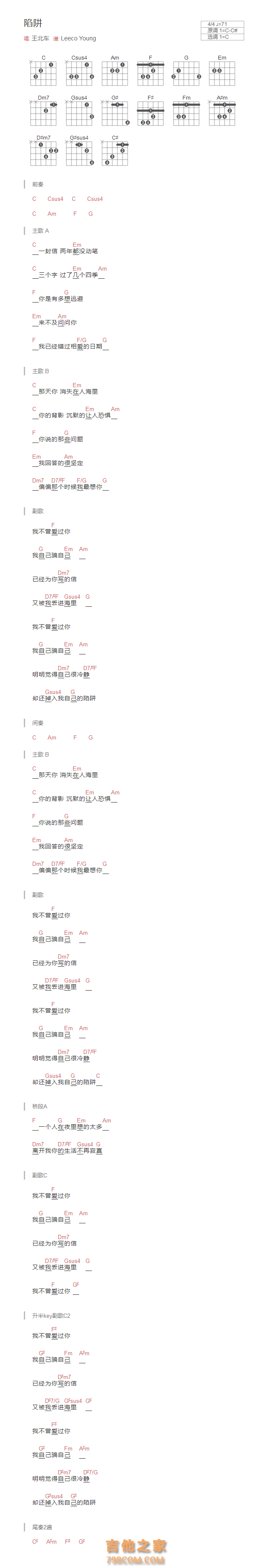 陷阱吉他谱和弦版 王北车