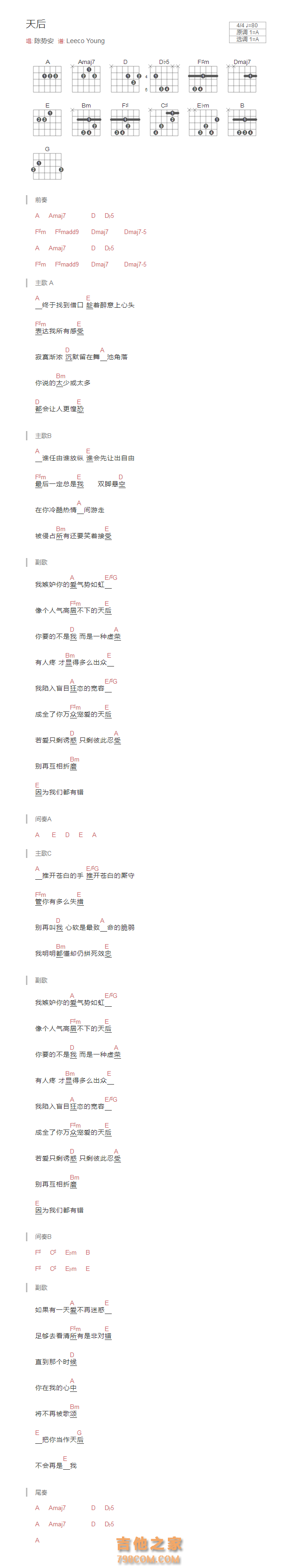 天后吉他谱A调和弦版 陈势安